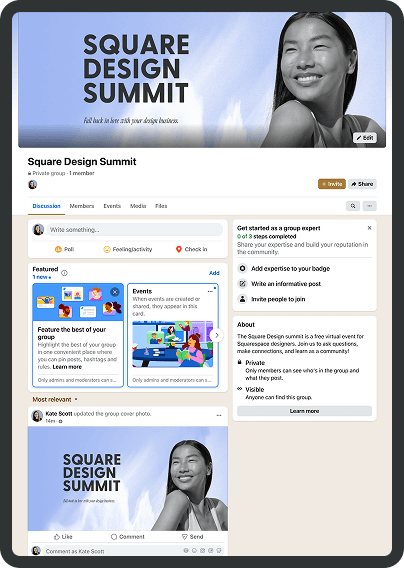 Facebook group page titled 'Square Design Summit' with a banner image of a smiling woman, and sections including discussion, members, events, media, and files.