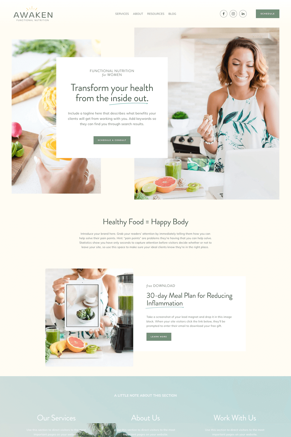 Web page homepage for Awaken Functional Nutrition featuring a smiling woman in a kitchen with fresh fruits and green smoothies, promoting health and nutrition services.