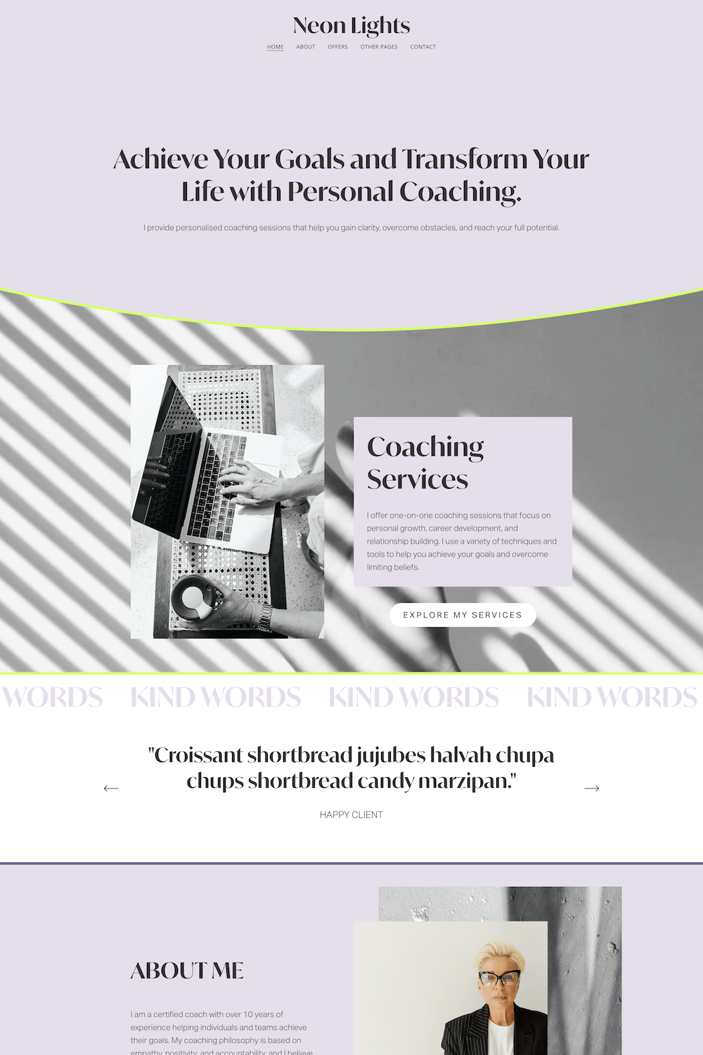 Webpage for Nealights personal coaching services with a header, navigation menu, intro text, black-and-white photo of a person typing on a laptop, a purple box highlighting coaching services, quote about croissants, and a photo of a woman with short blonde hair and glasses.