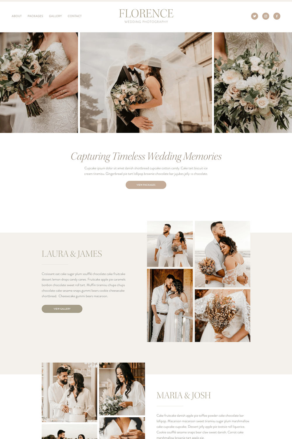 Wedding photography website homepage featuring images of a bride and groom, bouquets, and wedding portraits with elegant, neutral-colored design.