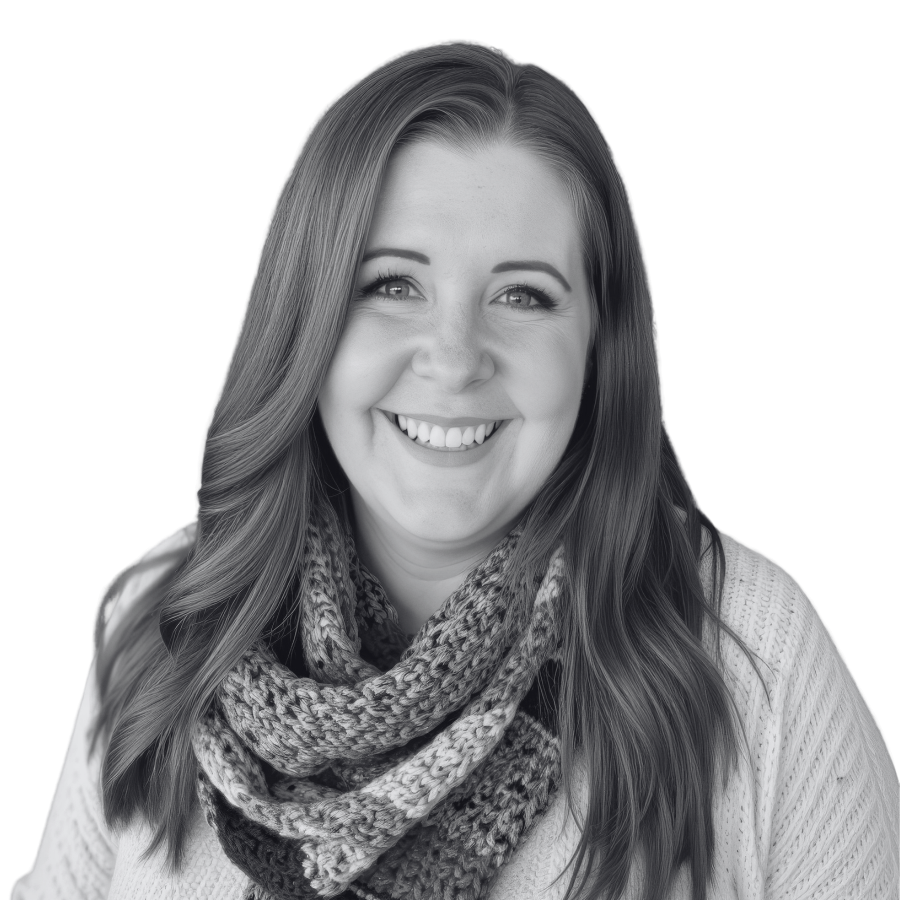 woman smiling wearing striped scarf