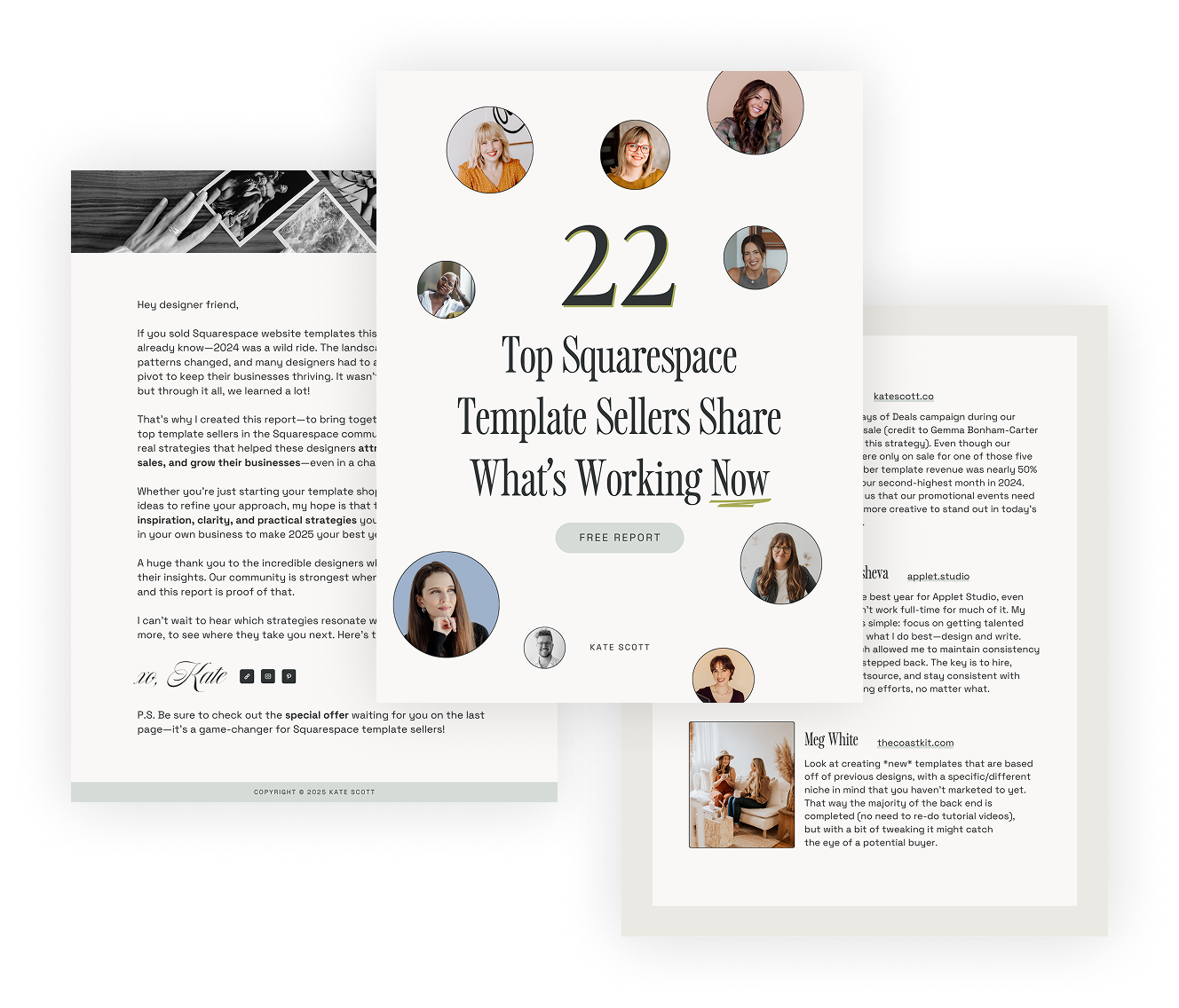 Two overlapping documents showcasing content about Squarespace template sellers, featuring profile pictures, a report title, and various text sections with tips and strategies for template selling.