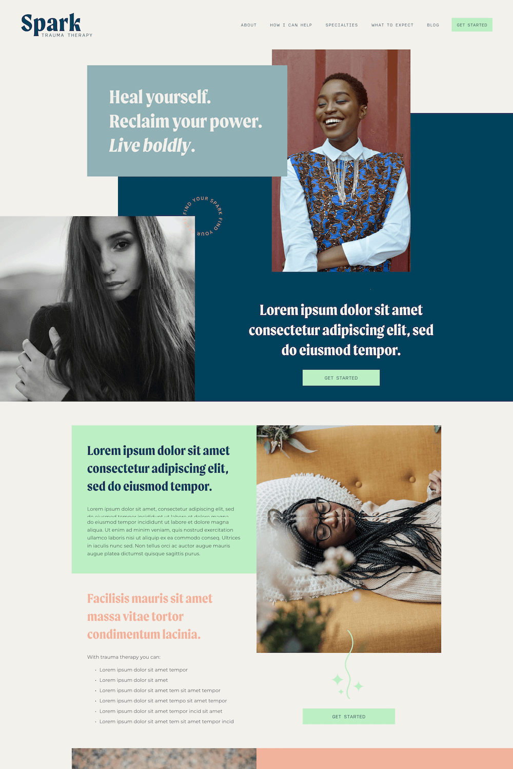 Homepage of Spark Trauma Therapy website featuring smiling woman in colorful dress, black and white portrait of a woman with long hair, and a woman relaxing on a couch with glasses and braids.