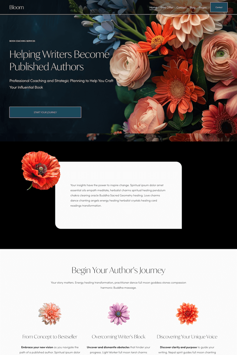 Webpage homepage with a large floral background featuring various flowers such as pink roses, orange daisies, and other colorful blooms. The header includes navigation links like Home, Free Offer, Contact, Blog, Pages, and a Contact button. The main text reads "Helping Writers Become Published Authors" with a call-to-action button labeled "Start Your Journey." The page also contains sections with smaller images of flowers, text about coaching services, and a clean, modern design.