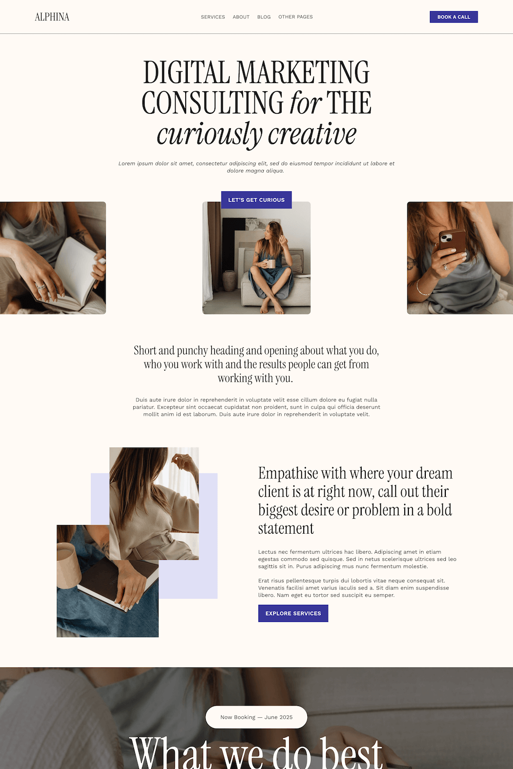 Webpage for ALPHINA digital marketing consulting featuring headline text, images of women working on laptops and phones, and various call-to-action buttons.