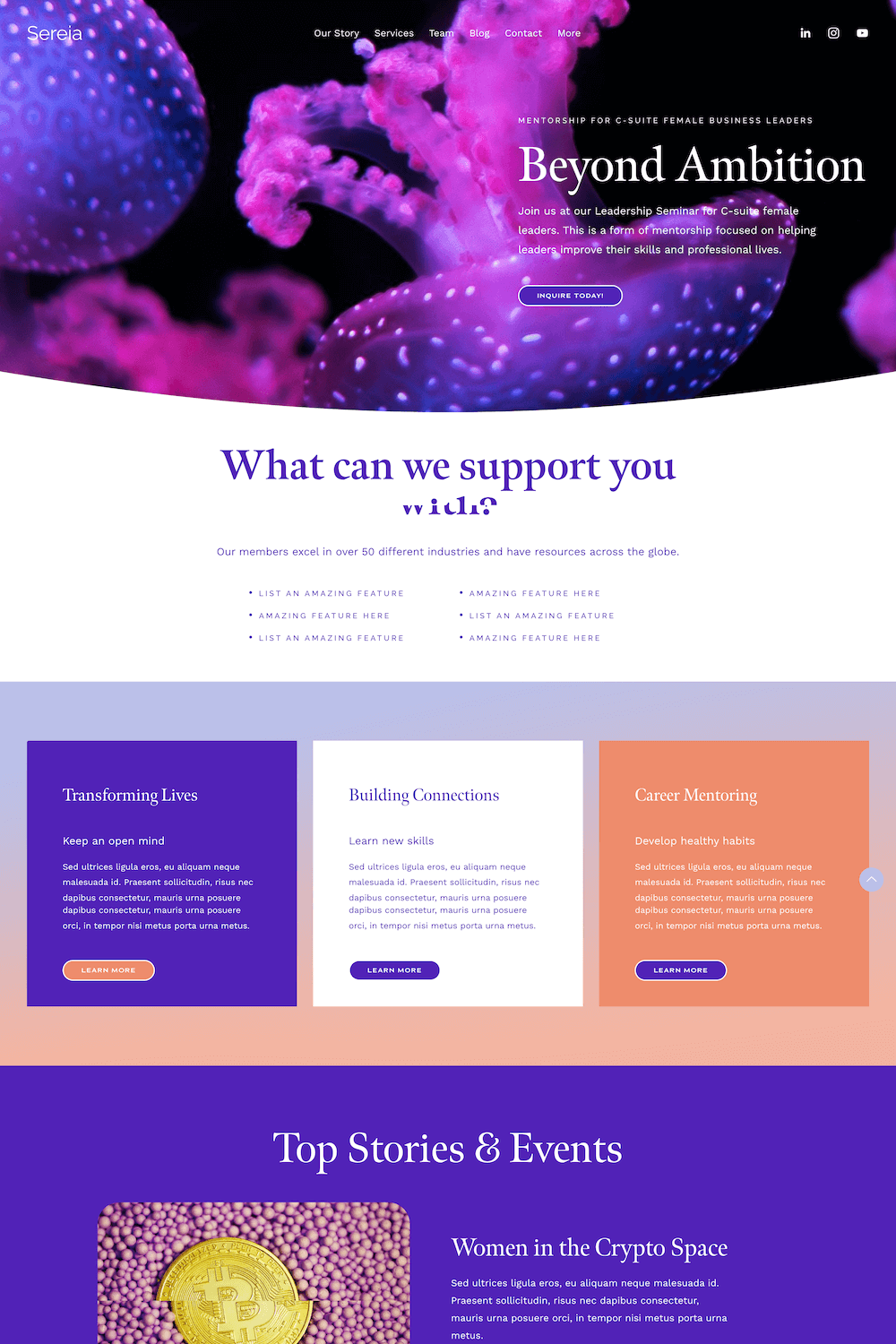 A webpage header features a close-up image of a purple jellyfish with white dots, overlaid with navigation menu links and a call-to-action button. Below, there is a section titled 'What can we support you with' with bullet points, followed by three colorful boxes highlighting different services, and a section titled 'Top Stories & Events' with an image of a Bitcoin coin.