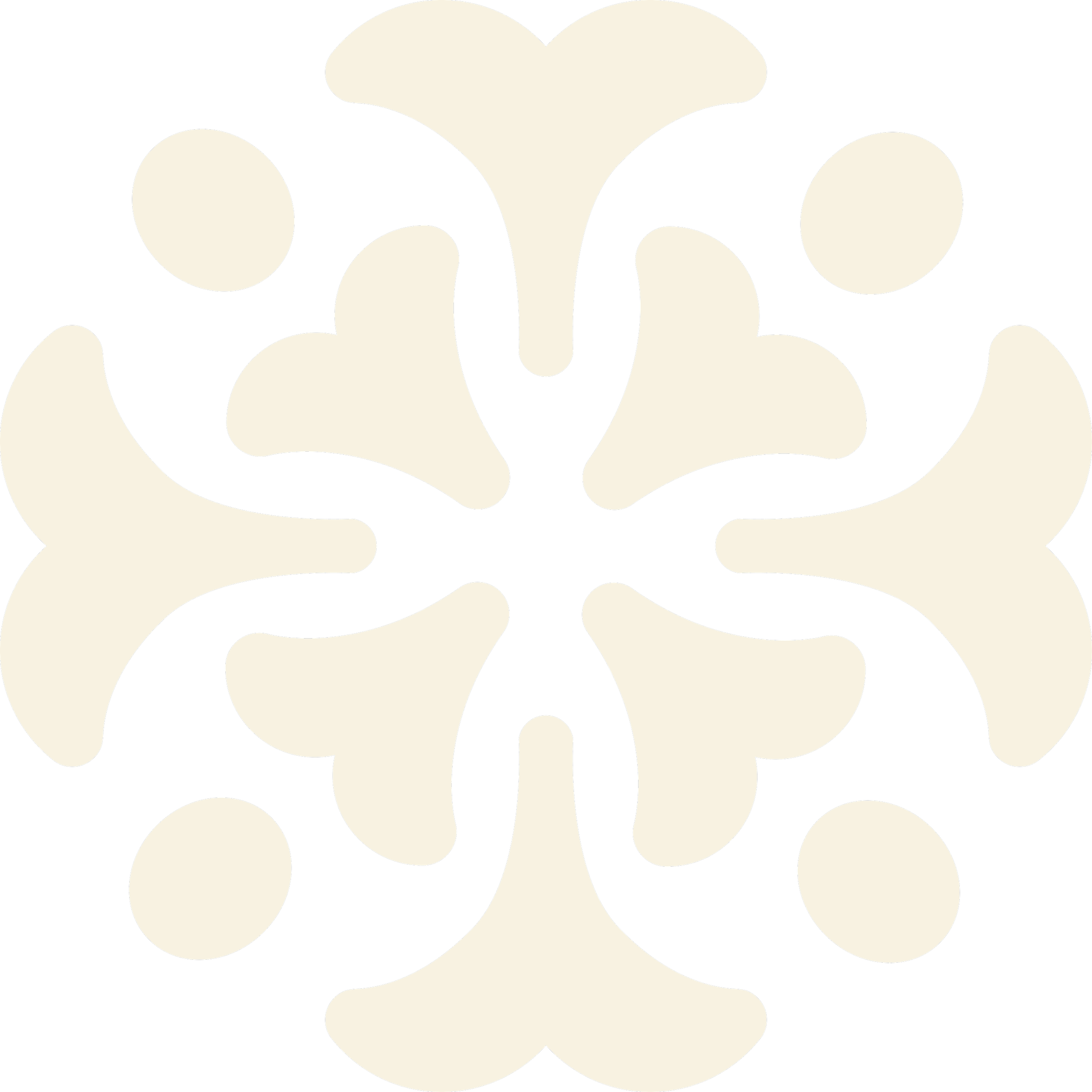 A symmetrical black and white floral pattern with a central flower surrounded by curved petal shapes and circular elements.