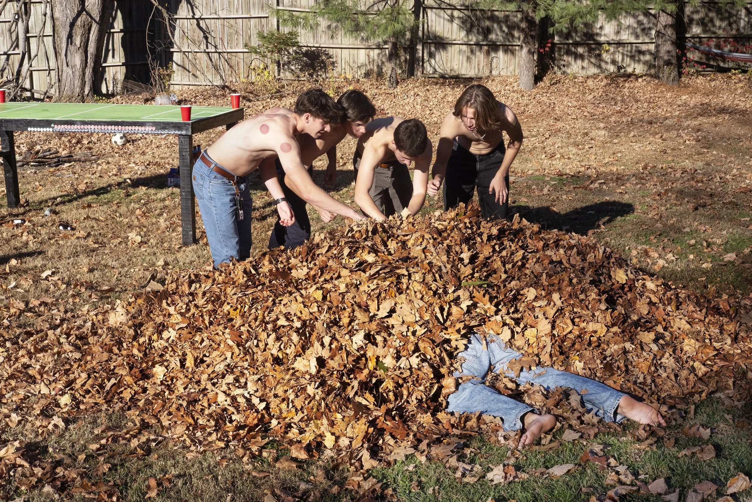 Four shirtless young men are gathered outdoors, bending over a large pile of dried leaves. They are under a tree, and there is a wooden fence in the background. The scene appears to be during autumn.