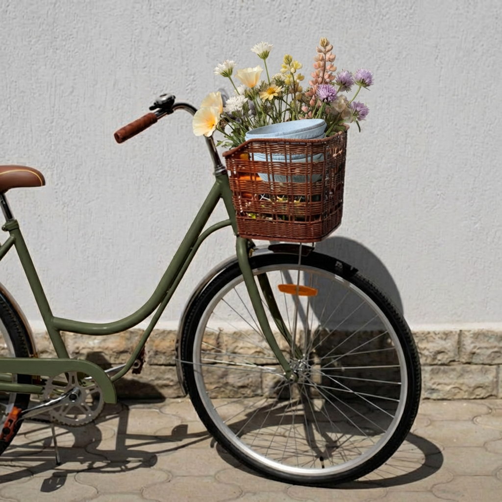 a bike with bowls and flower in the backet