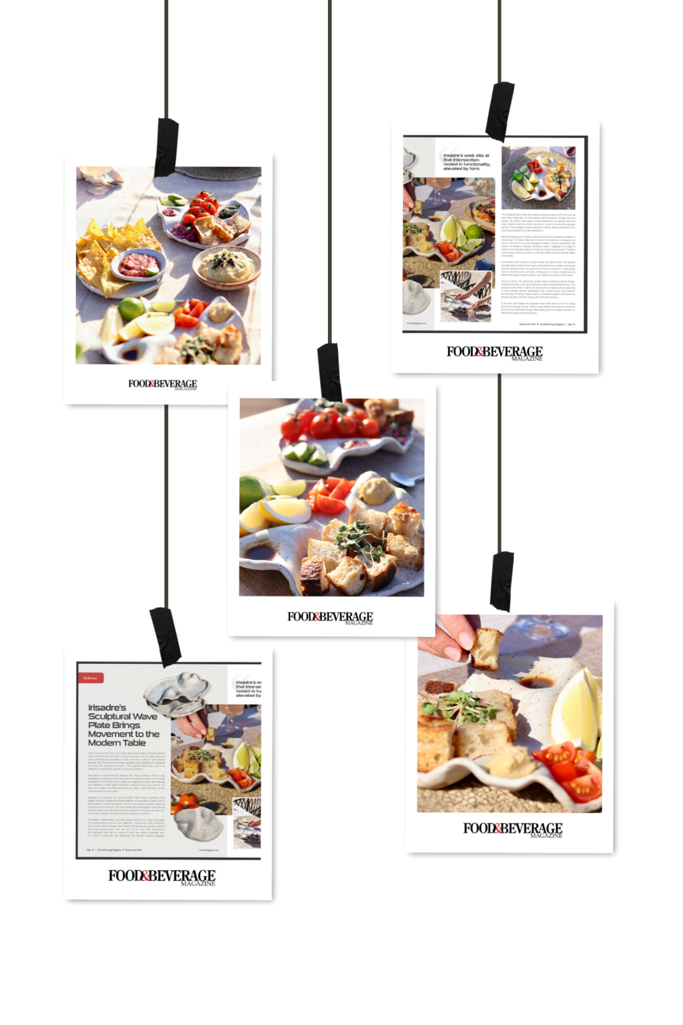 Collection of magazine pages and photos featuring various appetizers and tapas dishes, including cheese, bread, cherry tomatoes, lemon wedges, and dips, displayed on plates with garnishes.