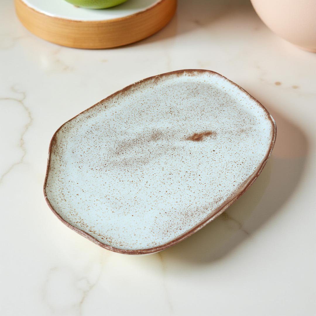 speckled terracota ceramic platter sitting on a marble worktop with kitchen plates in background out of shot