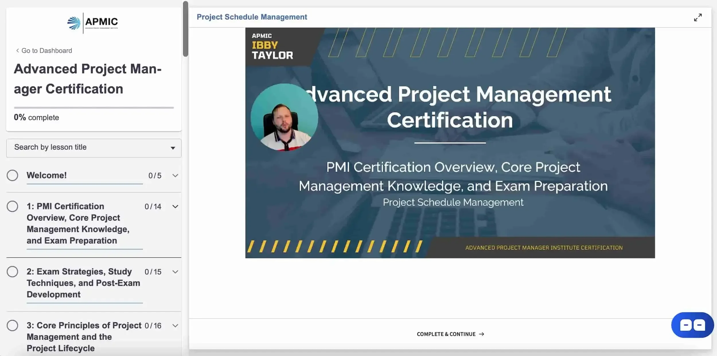 Screenshot of an online course interface for Advanced Project Management Certification, featuring a course overview slide showing a photo of a man and the course title and related details