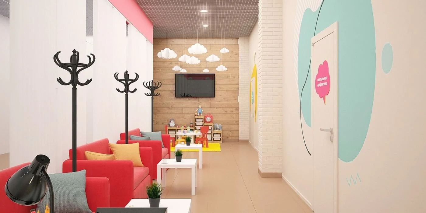 Colorful hospital-style meeting area with diagrams