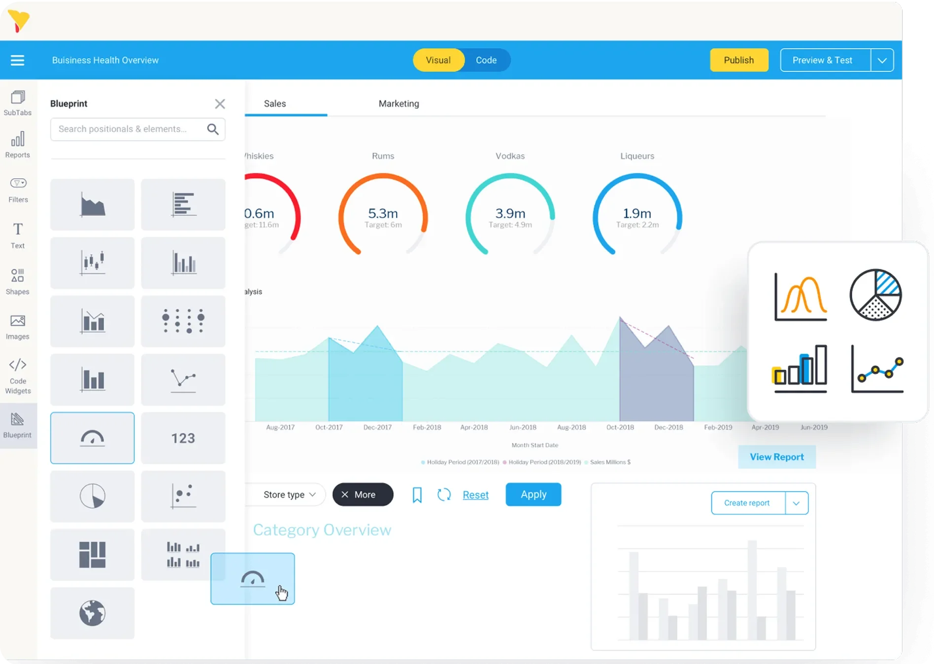 Screenshot of a business dashboard titled 'Business Health Overview,' displaying various charts and graphs, including sales and marketing data, with options to apply filters and create reports