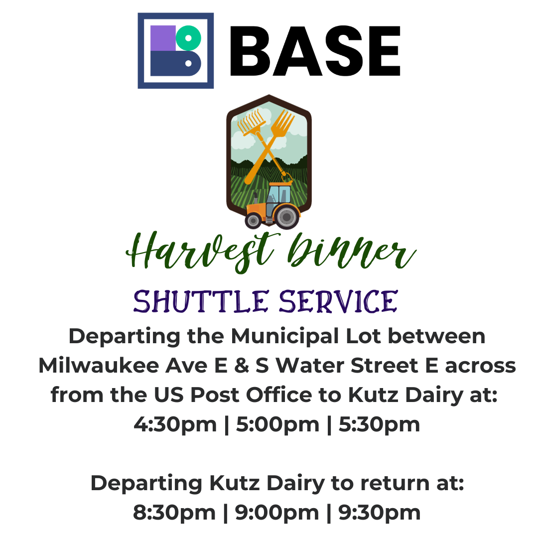 Flyer for Harvest Dinner Shuttle Service displaying the BASE logo at the top, an illustration of a tractor with a crossed rake and pitchfork outside, and details about pickup and drop-off times between the municipal lot, US Post Office, and Kutz Dairy.