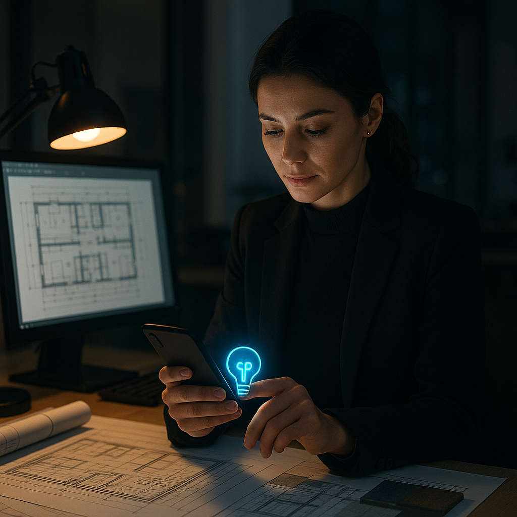 Woman in a dark office looking at her phone, with blue lightbulb icon on her screen, surrounded by architectural plans and a computer displaying a blueprint.