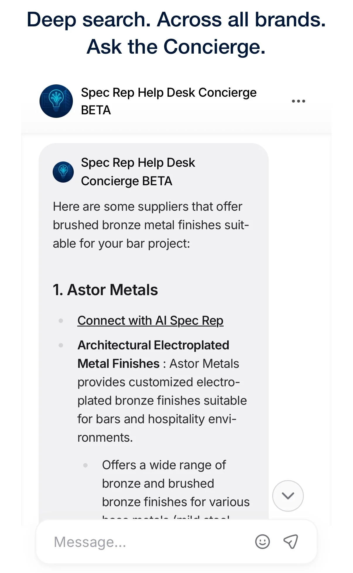 Screenshot of a messaging app conversation discussing suppliers that offer brused bronze metal finishes, including Astor Metals and Architrectural Electroplated Metal Finishes.