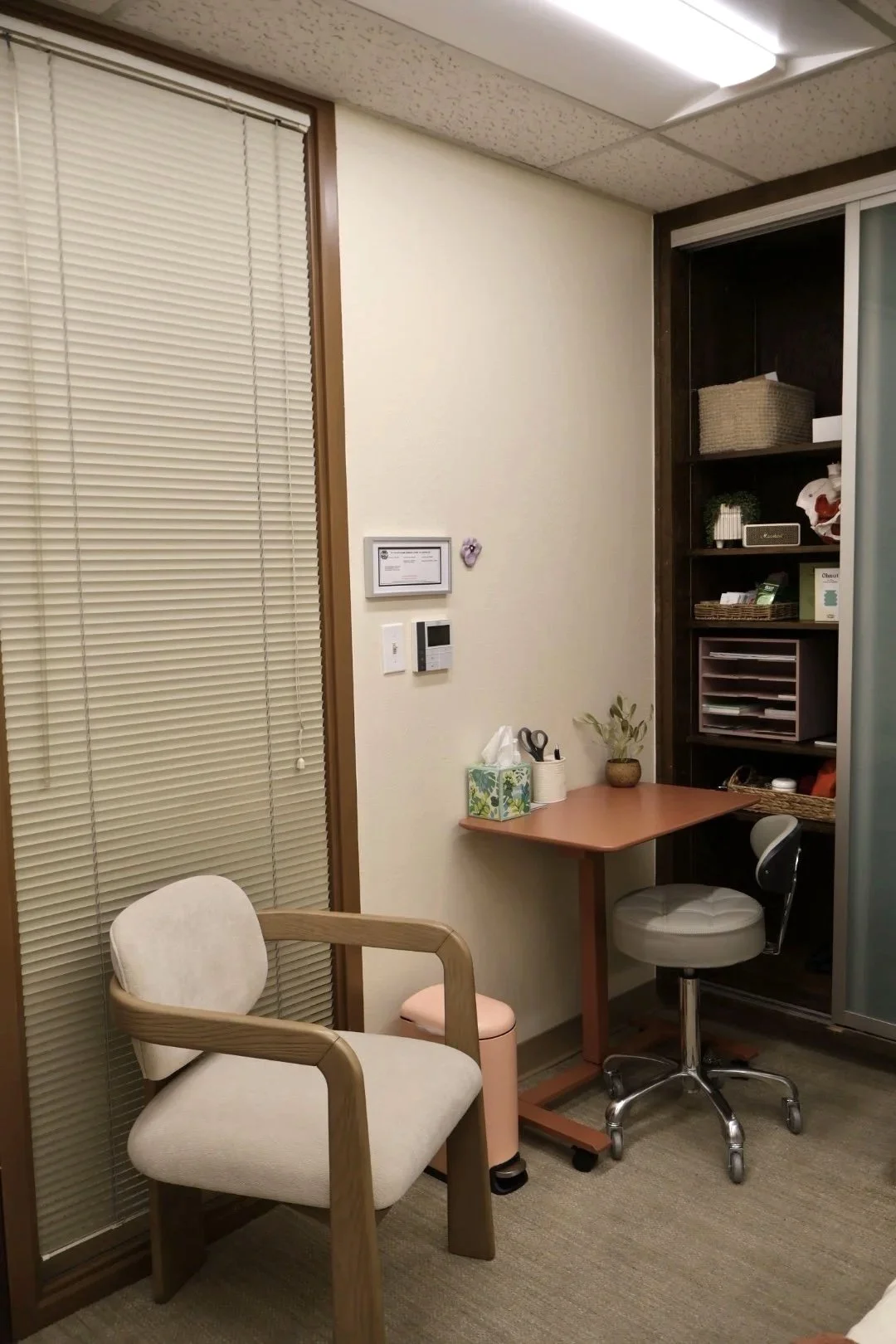 An office corner with a white cushioned chair, a small desk with a plant and tissue box, a wheeled stool, and a dark wooden shelving unit with various items. There are window blinds and a light fixture on the ceiling.