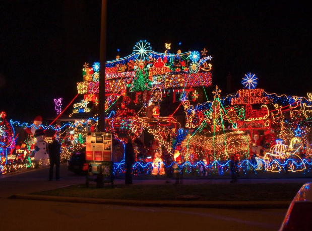 Large-scale holiday lighting installation with commercial-style Christmas light displays and illuminated decor