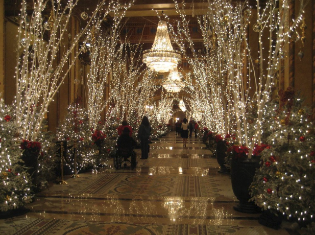 Commercial holiday lighting installation in luxury hotel lobby