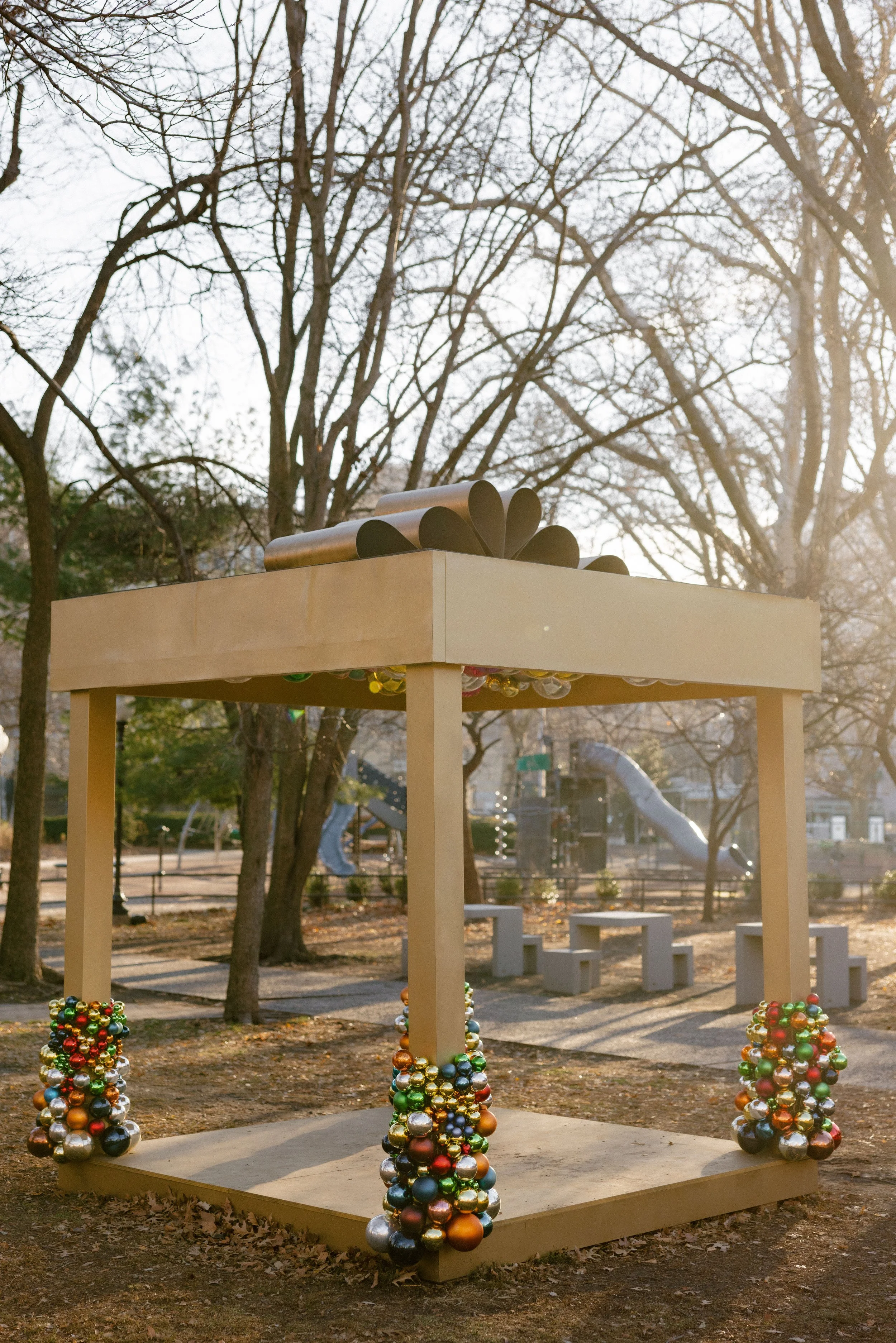 Commercial holiday decor installation at Church Street Park in Hoboken, New Jersey