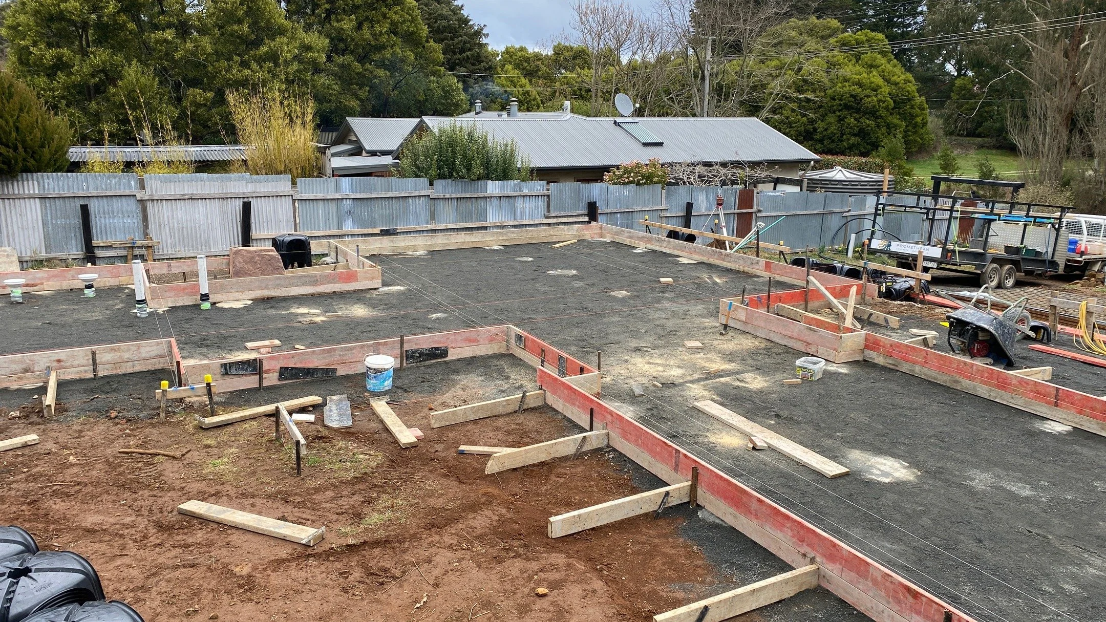 New house slab; 40mpa Burnished finish. This slab sits on the rich volcanic soil of pretty Lyonville and is designed around two epic old Walnut trees to the north east. We have utilised the @cupolex_australia system as a much needed waffle pod altern