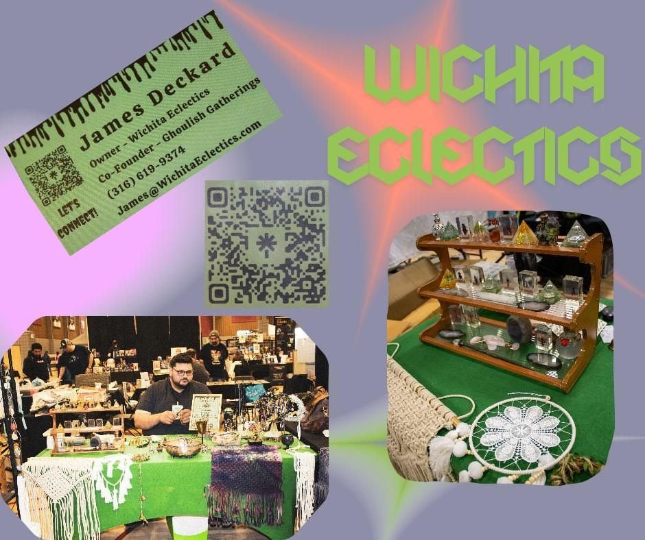 A collage featuring a business card, a QR code, a booth at a craft fair, and a display of jewelry and crystals with the text 'Wichita Ecclectics' in neon green letters.