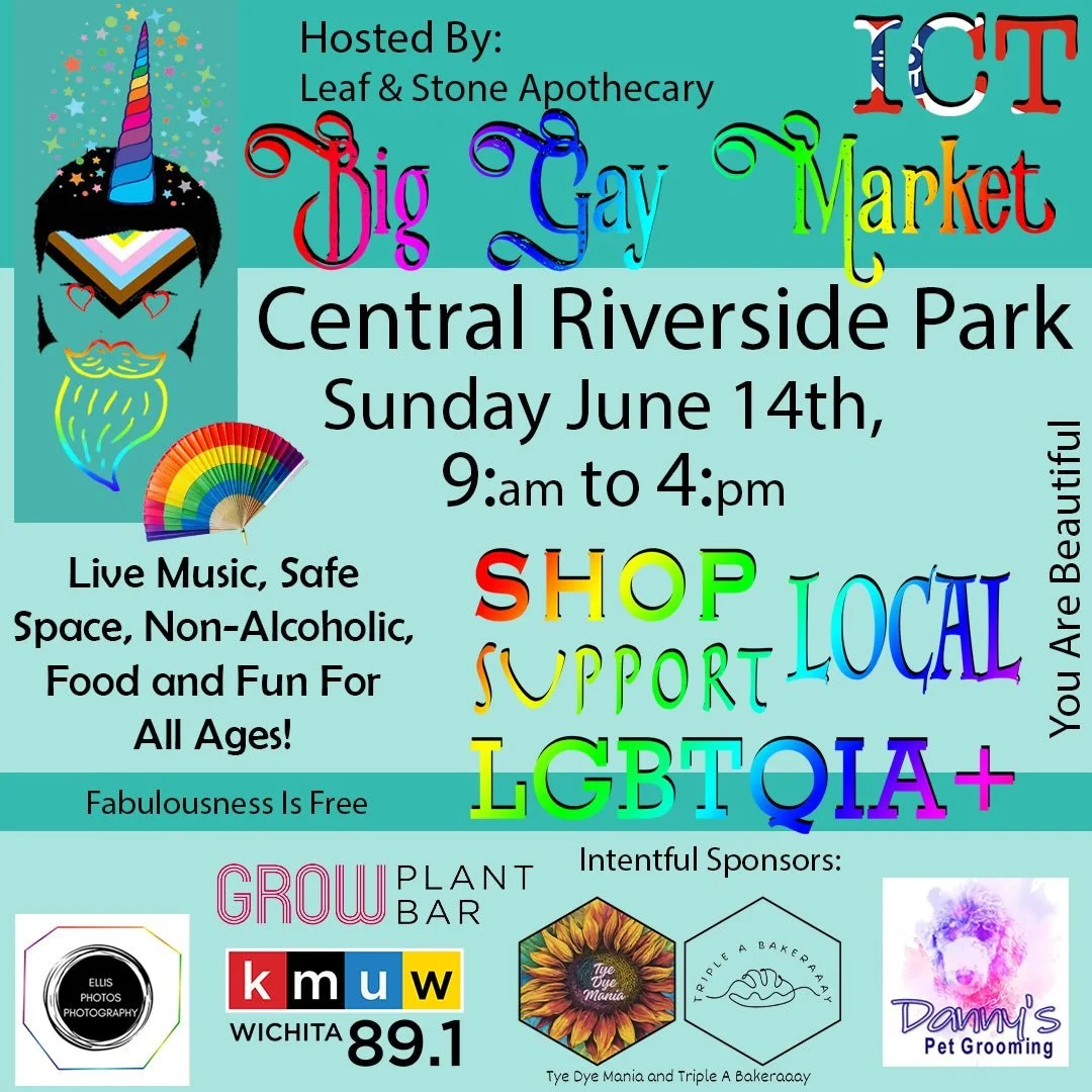 Event poster for the Big Gay Market hosted by Leaf & Stone Apothecary at Central Riverside Park on Sunday, June 14th, from 9 am to 4 pm. Features live music, safe space, non-alcoholic food and fun for all ages. Highlights support for LGBTQIA+ community, with colorful text and graphics including a rainbow fan, unicorn, and rainbow-colored words.