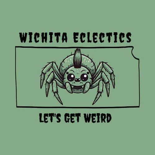 A green cartoon spider with big eyes and a mohawk, with text above and below that reads 'Wichita Eclectics' and 'Let's Get Weird'.