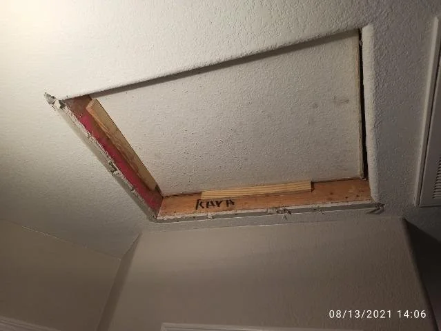 Ceiling access panel exposed, exposing wooden framing and insulation.