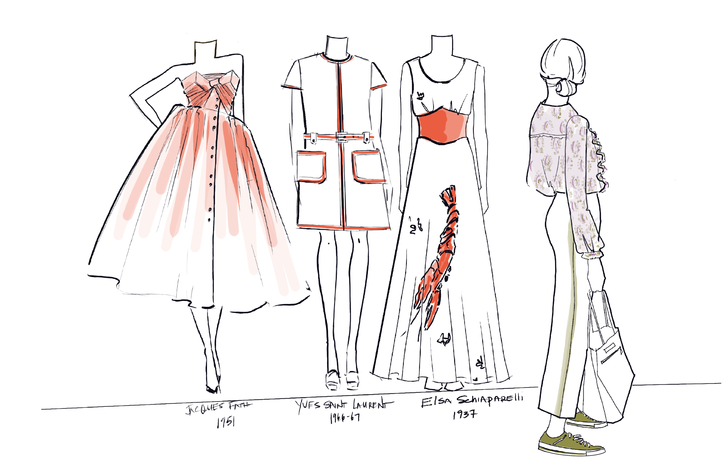 illustration of a fashion history museum tour in Paris with stylish traveler