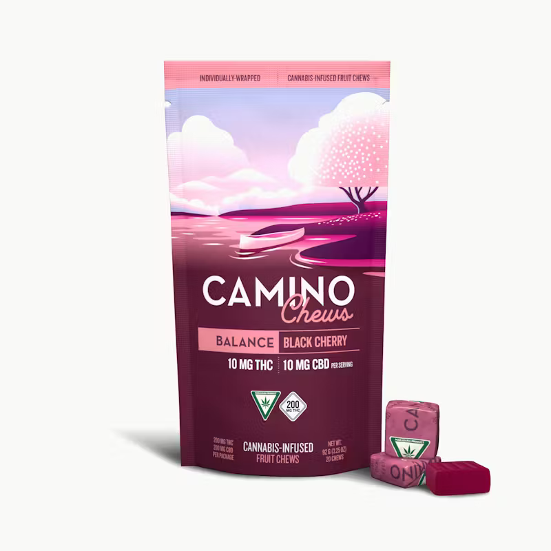 Camino by Kiva | Black Cherry | 10mg THC : 10mg CBD in Each | 20 Starburst Chews Total | HYBRID - Balance | 3 for $100