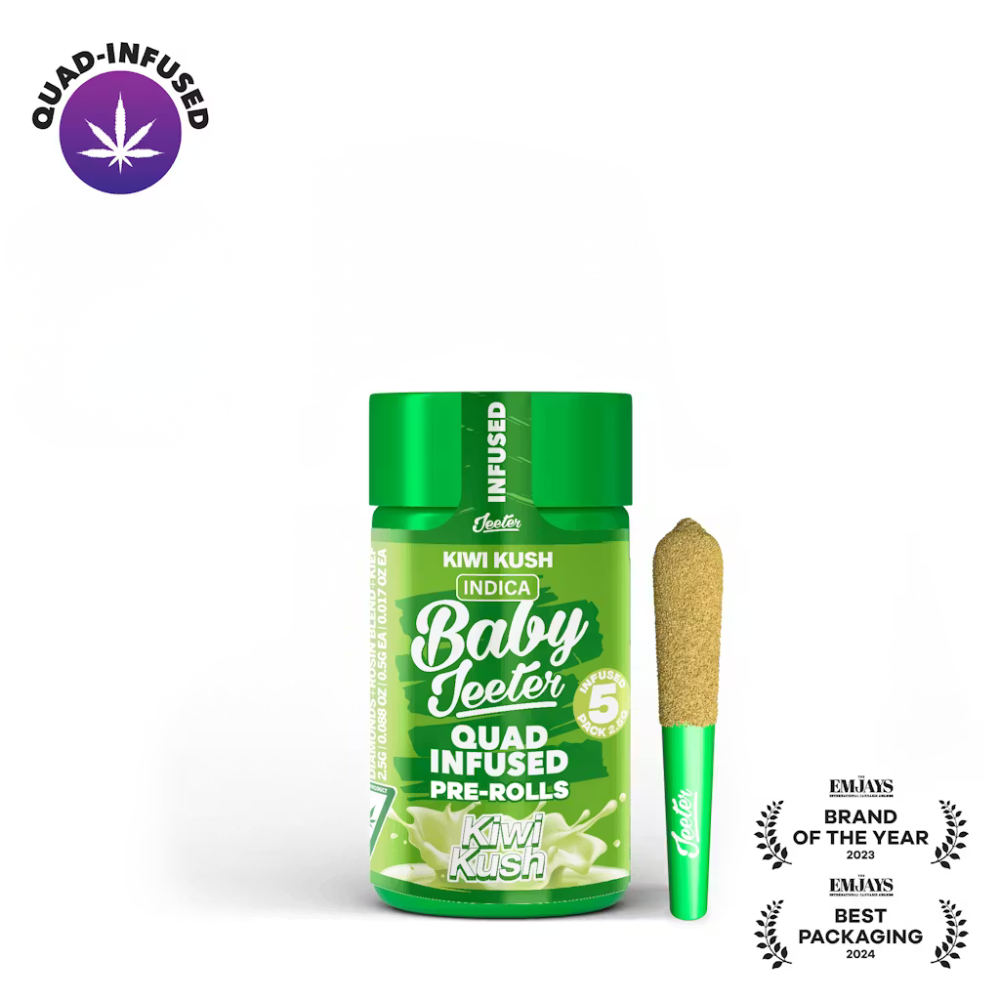 Jeeter | Kiwi Kush | Quad Infused Prerolls [Premium Flower + THCA + Rosin + Terpenes + Kief] | INDICA | 36.86% THC | 5 Joints / 0.5G Each (See Deals)