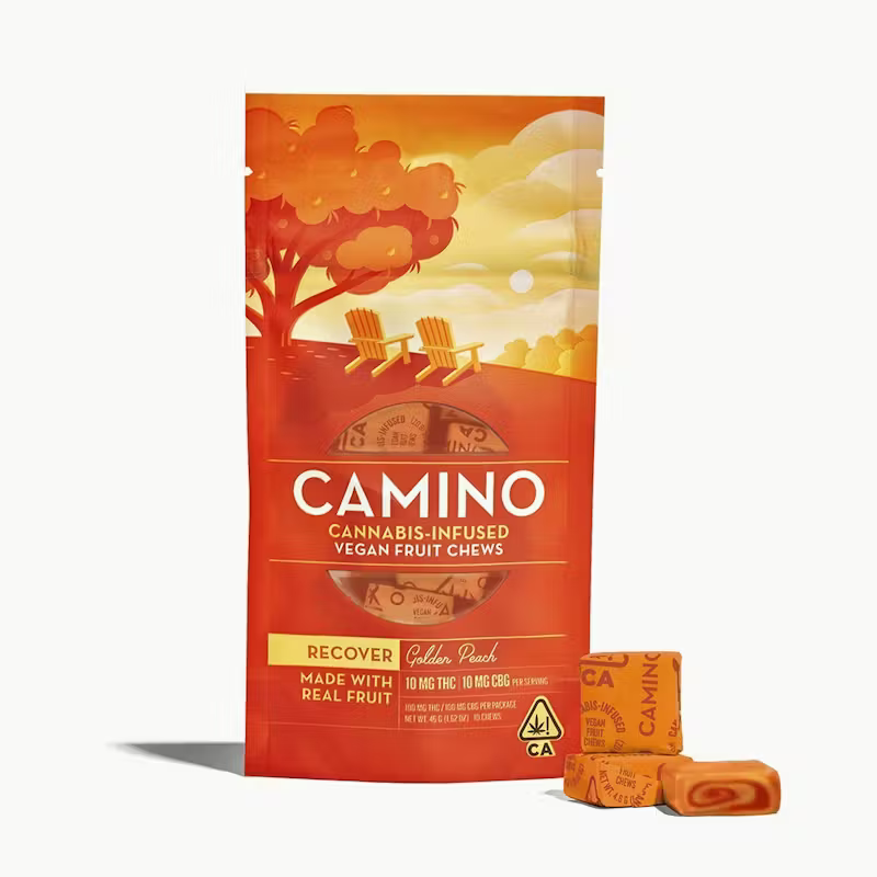 Camino by Kiva | Golden Peach | 10mg THC : 10mg CBG in Each | 20 Starburst Chews Total | HYBRID - Recovery | 3 for $100