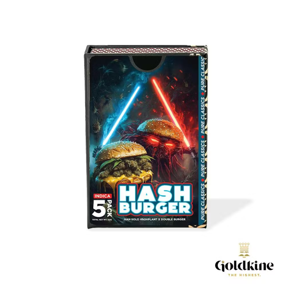 Goldkine | Hash Burger | 0.5g x 5 Pre-Roll Pack | 27.06% THC | INDICA (Match Box and Sticks Included)
