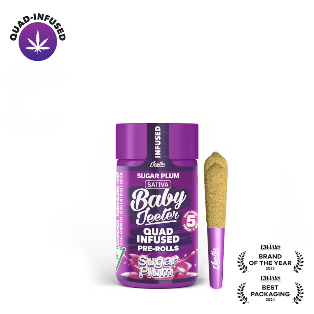 Jeeter | Sugar Plum | Quad Infused Prerolls [Premium Flower + THCA + Rosin + Terpenes + Kief] | SATIVA | 37.29% THC | 5 Joints / 0.5G Each (See Deals)