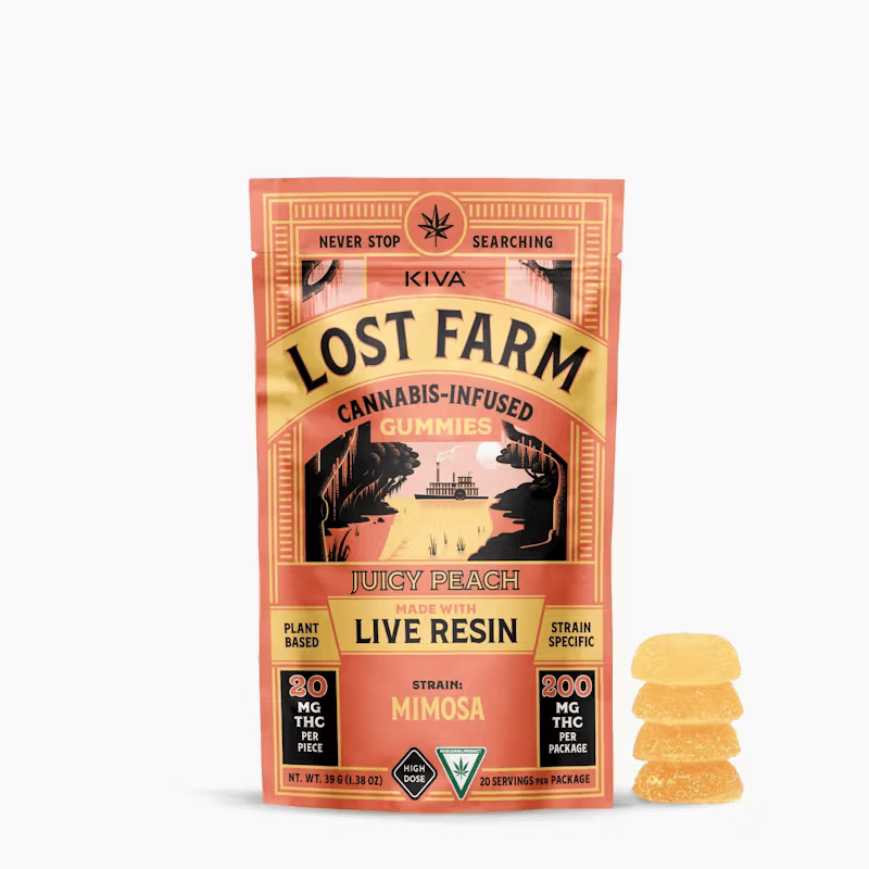 Kiva - Lost Farm | Juicy Peach x Mimosa 200mg Gummies | Live Resin | Full Spectrum | Sativa