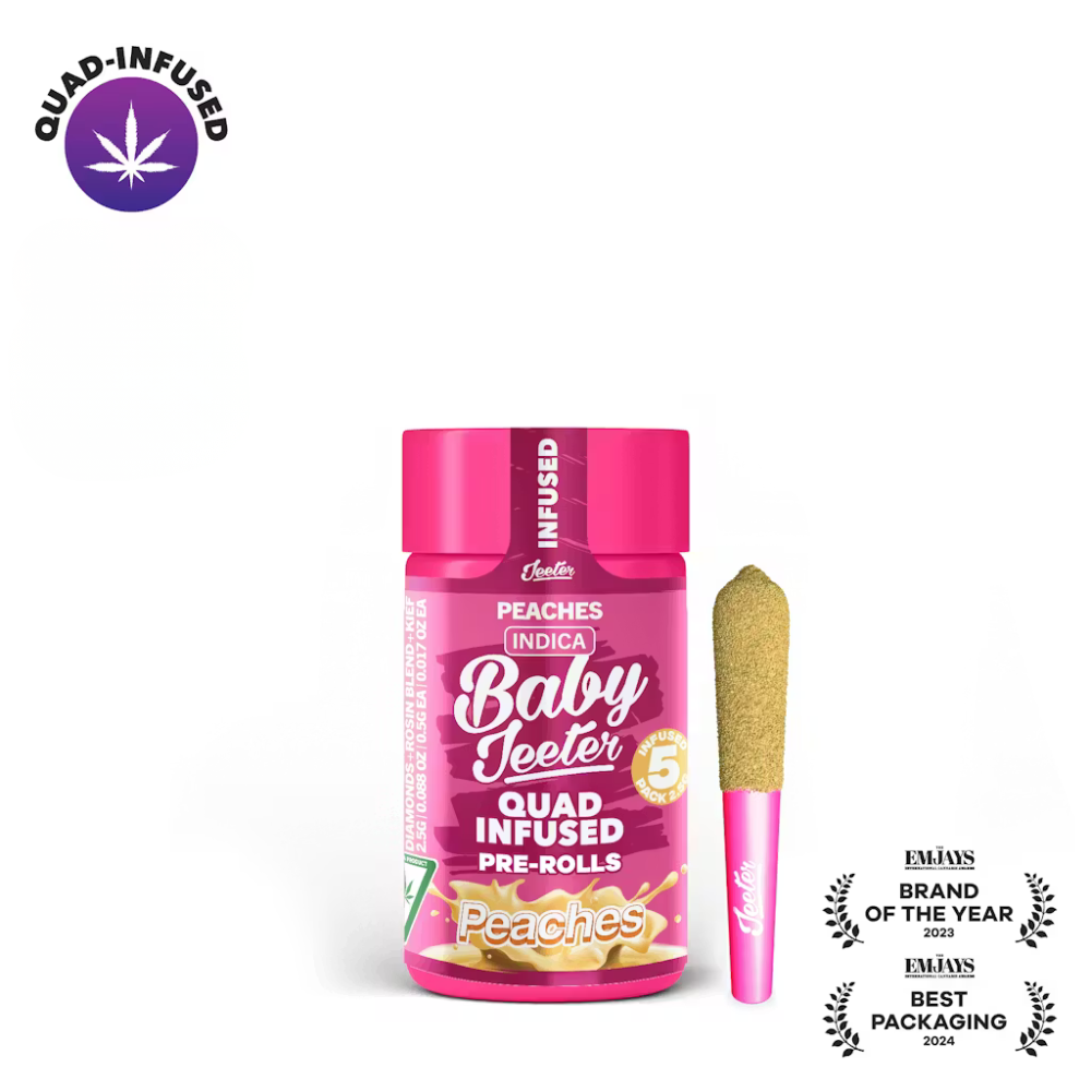 Jeeter | Peaches | Quad Infused Prerolls [Premium Flower + THCA + Rosin + Terpenes + Kief] | INDICA | 36.24% THC | 5 Joints / 0.5G Each (See Deals)