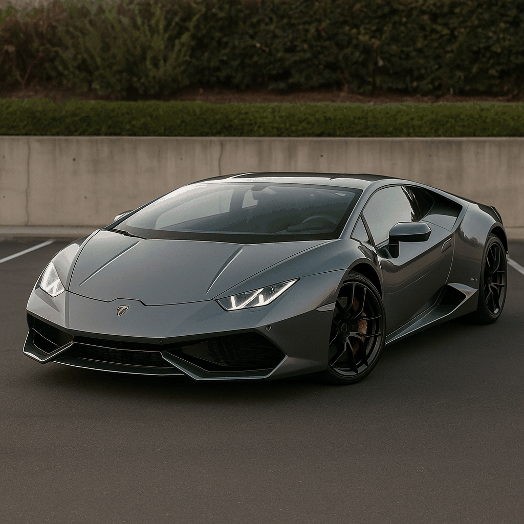 Gray Lamborghini sports car parked in an outdoor lot with a concrete wall and greenery in the background.
