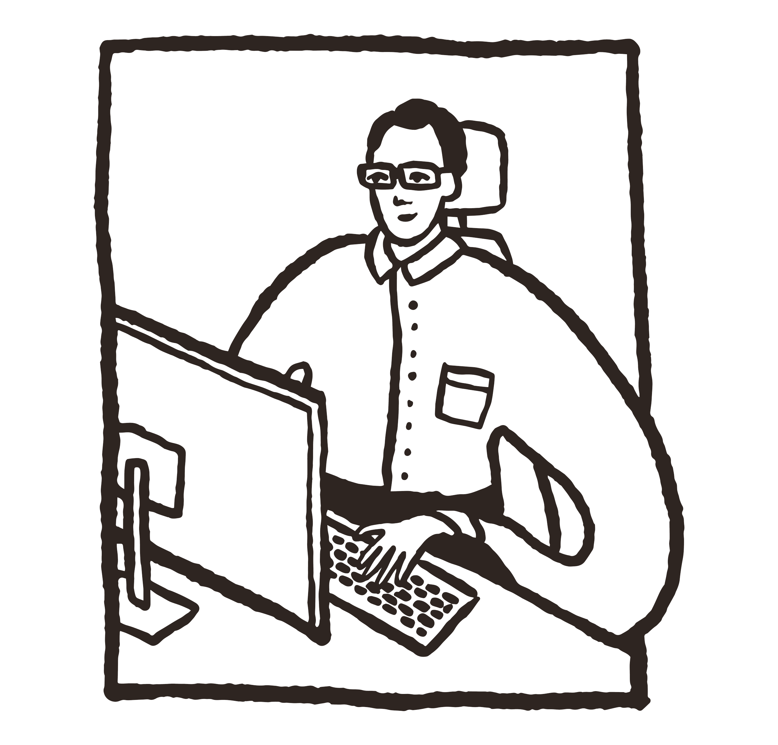Drawing of a person working at a computer, wearing glasses and a buttoned shirt, in a minimalist style.