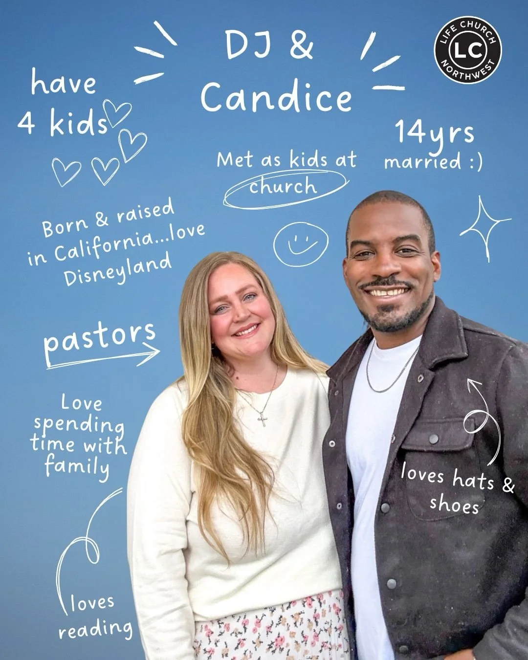 In case you're new to following us, let us introduce ourselves! 👋👋

Meet DJ and Candice! DJ is our Worship &amp; Production Pastor and Candice is our Kids Pastor. They moved to Washington from California with their 4 kids this past March and they a