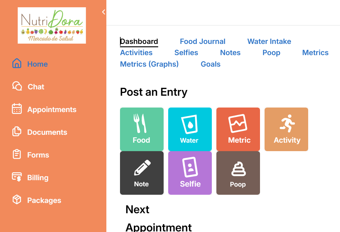 Screenshot of Nutri Dora Healthie patient portal to show nutrition counseling menu on the left and colorful journal entry buttons