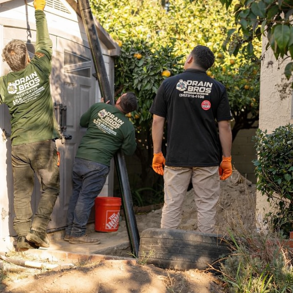 Three workers from Drain Bros in contractor uniforms working outside near a house with a garage door, repairing a drainage or plumbing system, with trees and bushes in the background.
