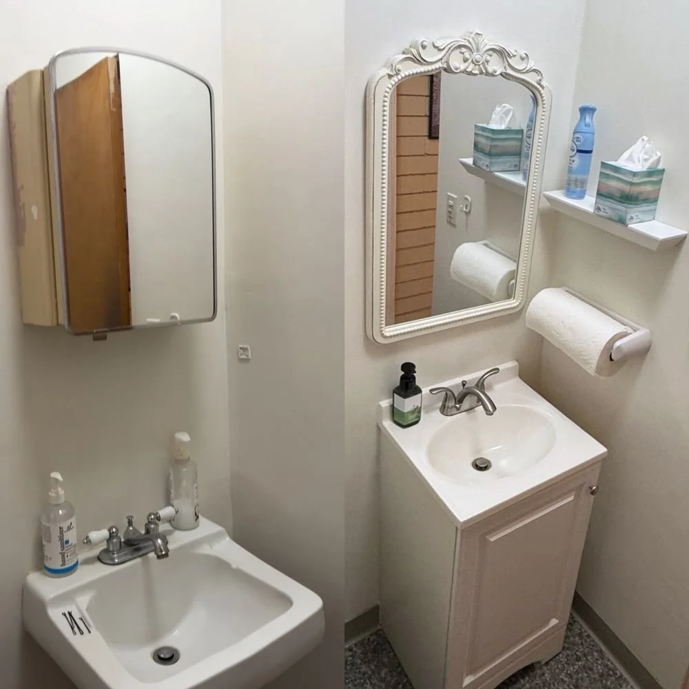 A side-by-side comparison of a small bathroom with a white sink, mirror, shelves, and toiletries.