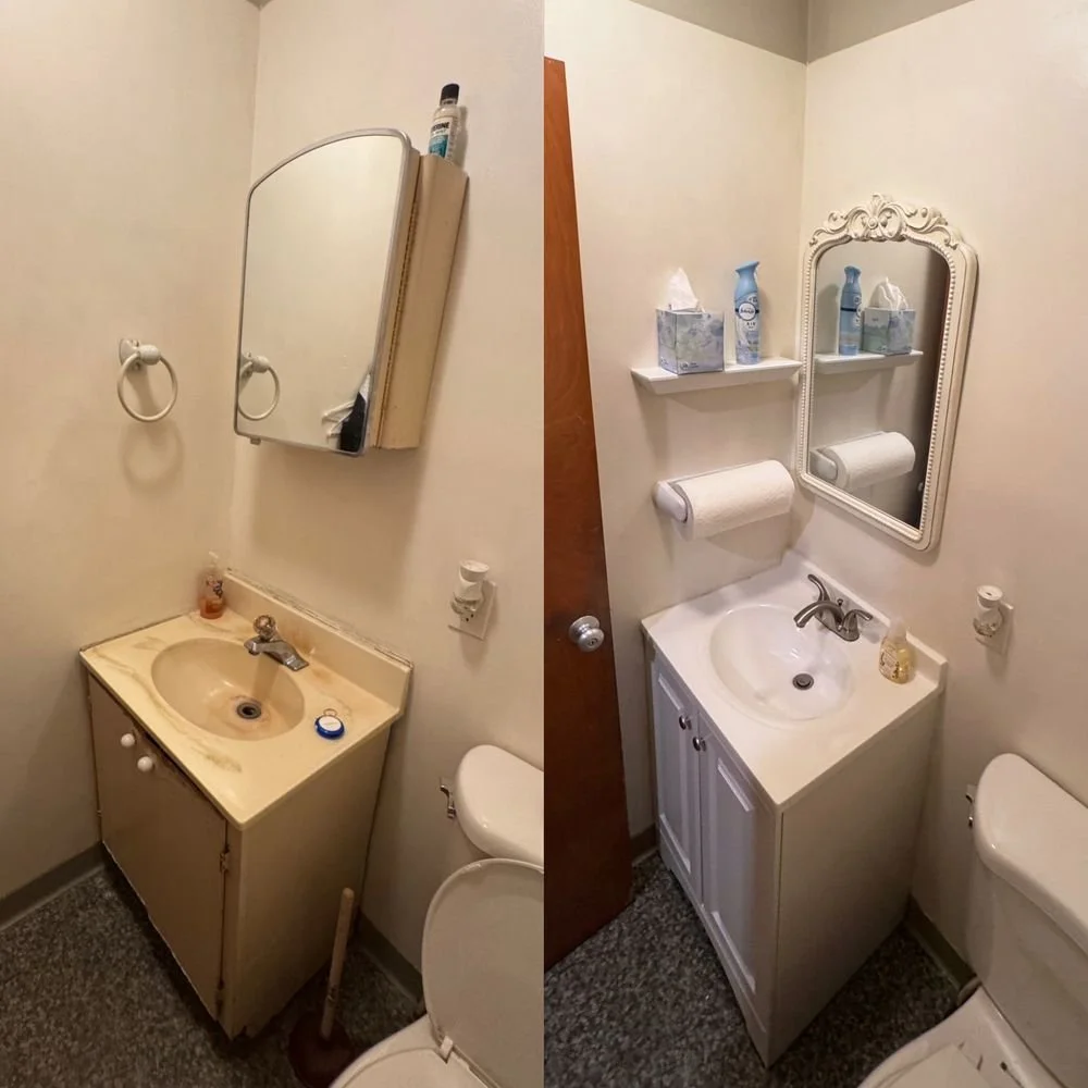 Comparison of a bathroom before and after renovation, showing a small sink with a mirror and toiletries in the before image, and a new white vanity with a decorated mirror, tissue box, and cleaning spray in the after image.