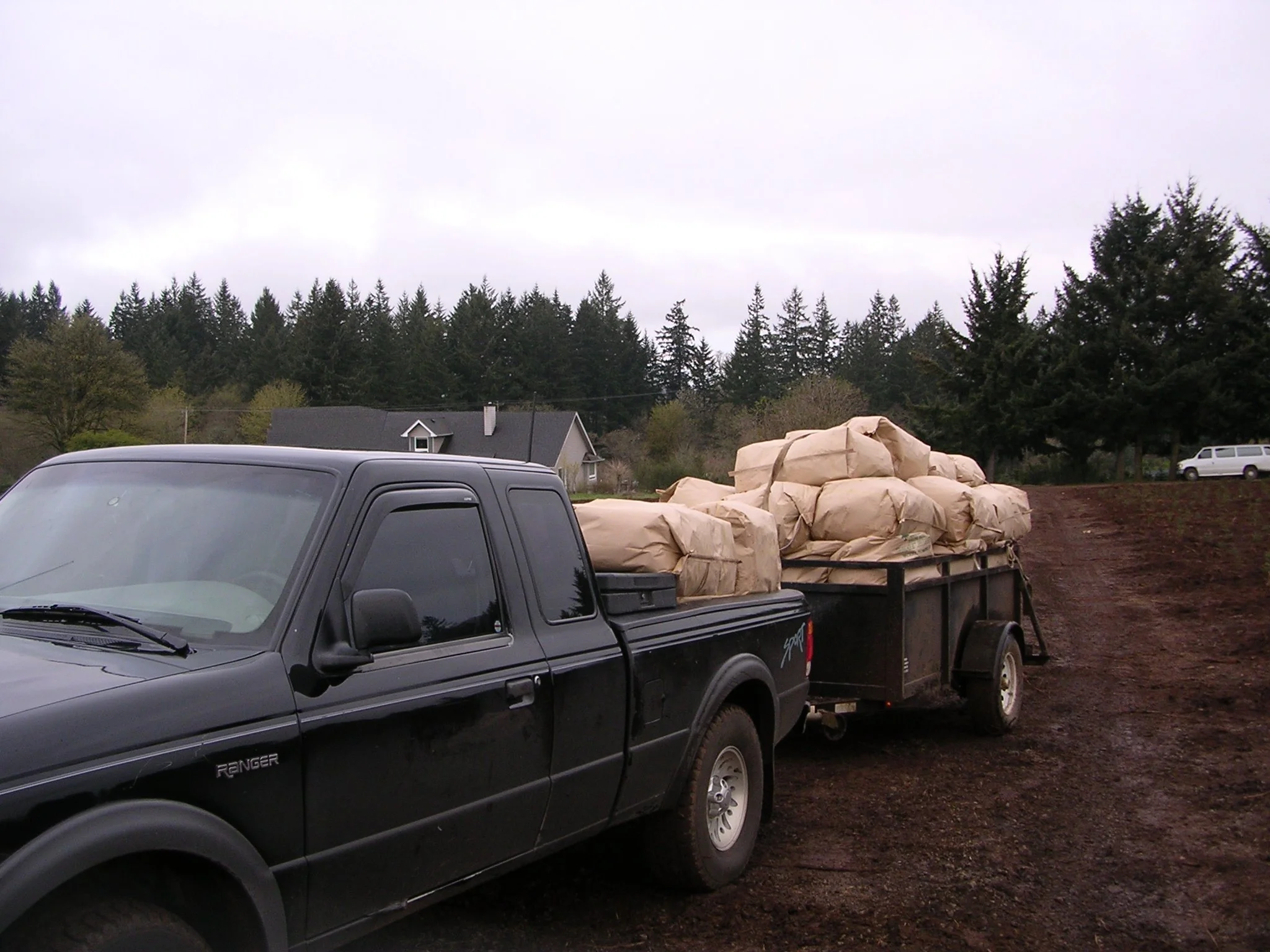 Black Ford Ranger pickup truck with a trailer loaded with large bags wrapped in beige paper, parked on a dirt area near trees and a house with a gray roof under an overcast sky.
