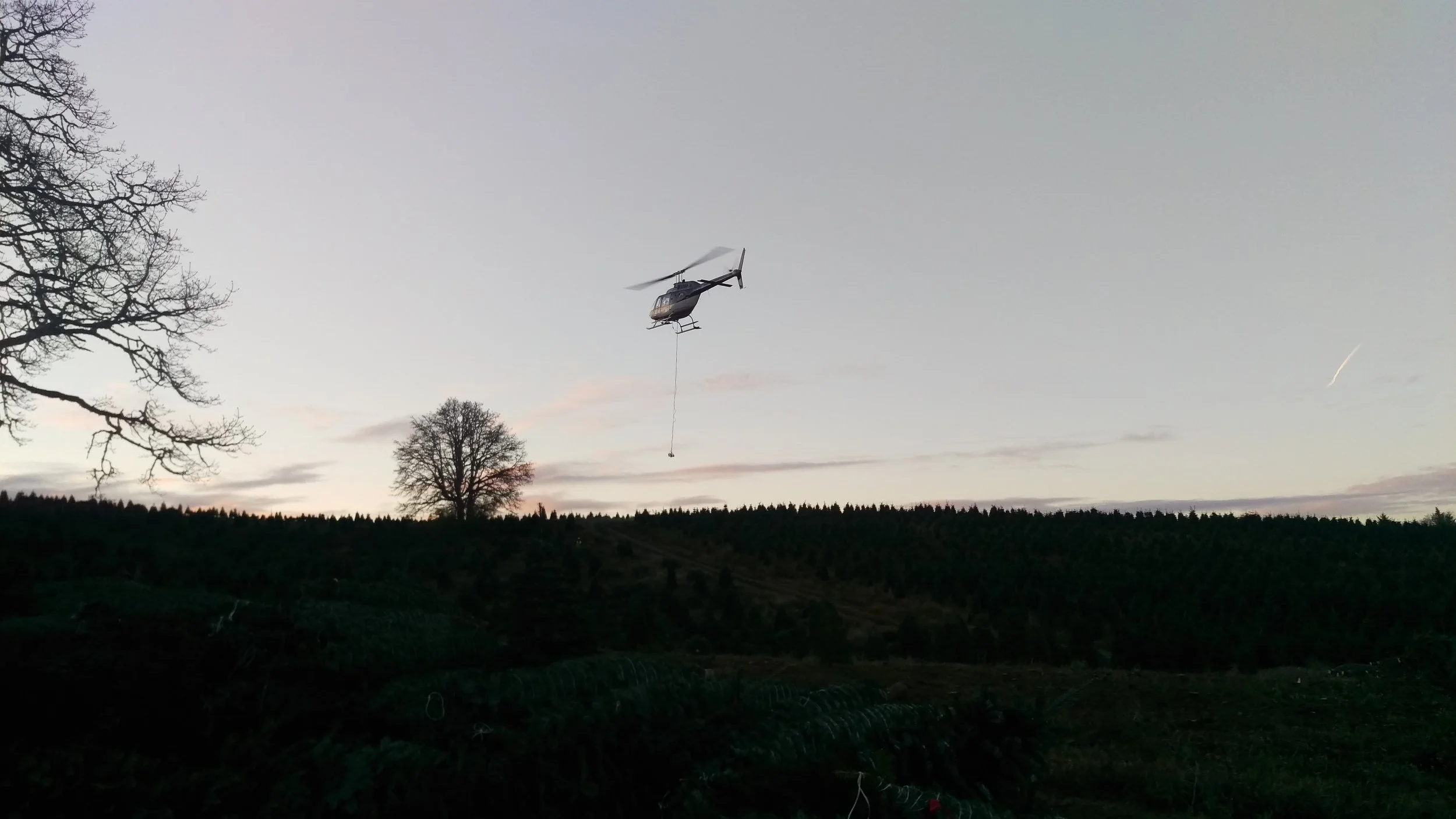 A helicopter flying in the sky holding a long rope with a bucket or container hanging below, over a landscape with trees and a clear sky.