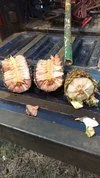 Two hibachi-style salmon fillets garnished with lemon slices on a grill, with a small piece of salmon near the edge.