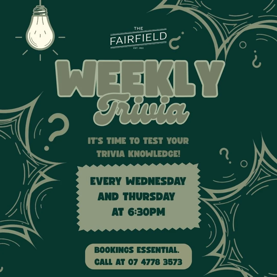 A promotional poster for weekly trivia events with colorful graphic elements. The poster states that the trivia occurs every Wednesday and Thursday at 6:30 pm. It includes a contact number for bookings.
