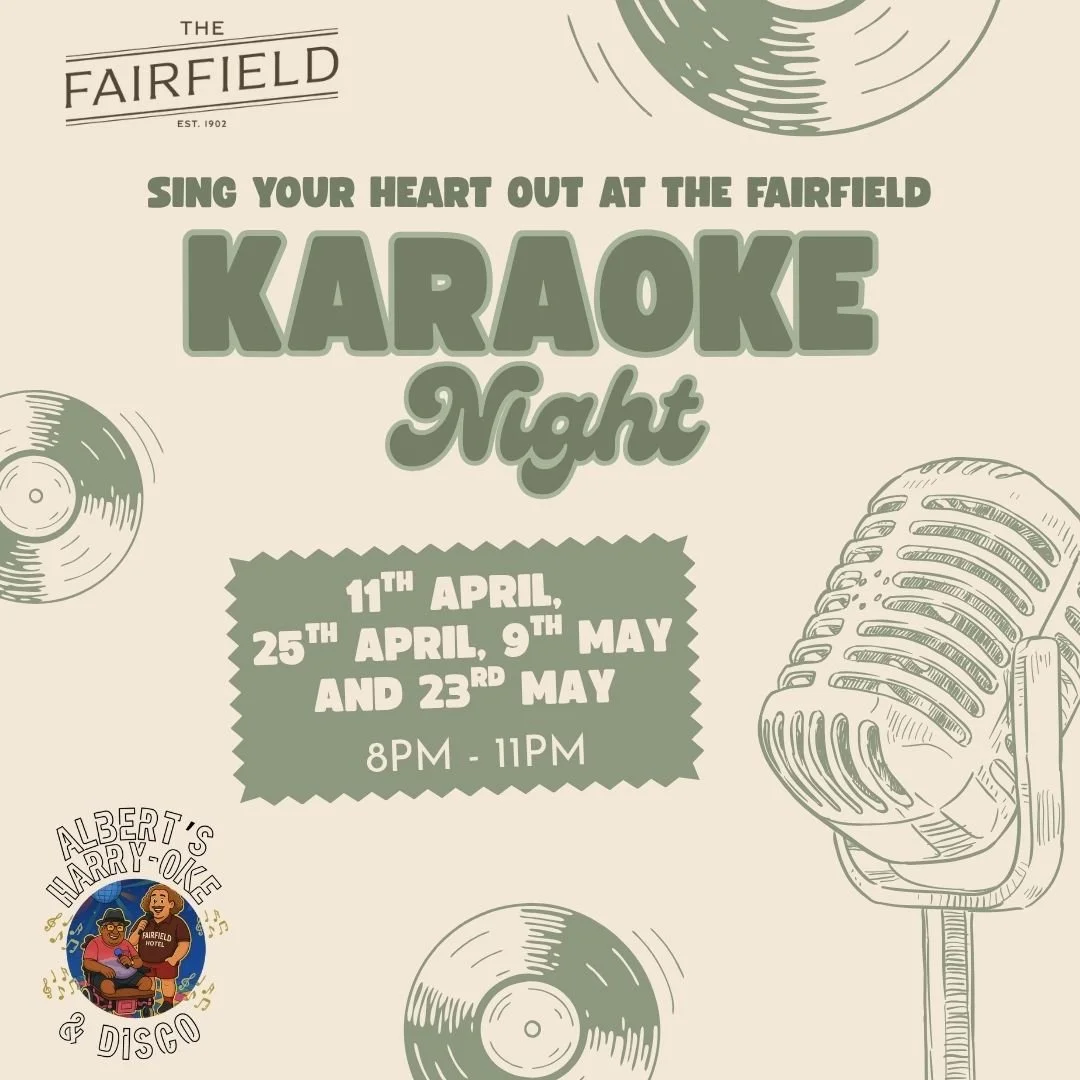 Poster for a karaoke night event, hosted by the Fairfield hotel, featuring illustrations of vinyl records and a vintage microphone. Event dates are April 11, April 25, May 9, and May 23, from 8 PM to 11 PM, with a musical and disco theme.